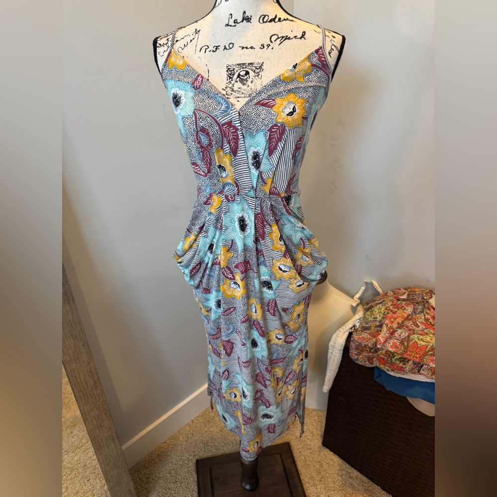 BCBGeneration Wrap Hi-Low Midi Dress Floral Stripe Boho Medium